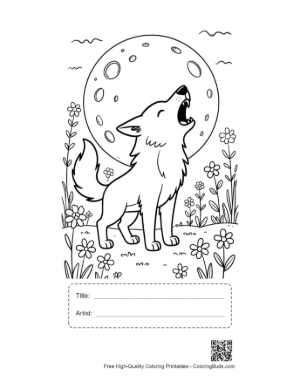Thumbnail: Wolf Howling at the Moon Surrounded by Forest Plants Printable with Title and Artist Box