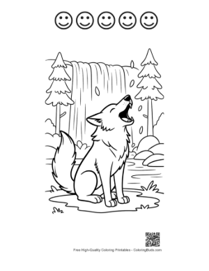 Thumbnail: Wolf Howling by a Beautiful Forest Waterfall Printable and 5 Happy Face Outline