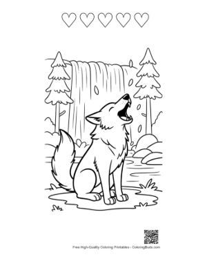 Thumbnail: Wolf Howling by a Beautiful Forest Waterfall Printable and 5 Heart Outline