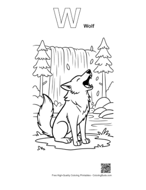 Thumbnail: Wolf Howling by a Beautiful Forest Waterfall Printable Outline Alphabet W Wolf