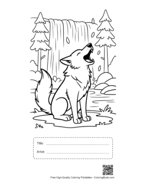 Thumbnail: Wolf Howling by a Beautiful Forest Waterfall Printable with Title and Artist Box
