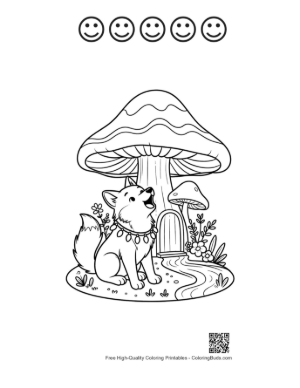 Thumbnail: Wolf Howling in a Magical Mushroom Forest at Night Printable and 5 Happy Face Outline