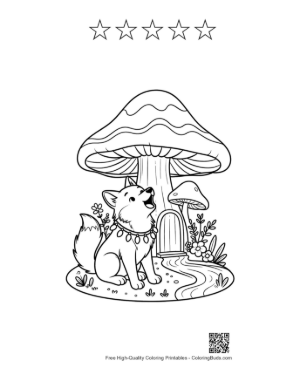Thumbnail: Wolf Howling in a Magical Mushroom Forest at Night Printable and 5 Star Outline