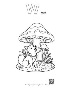Thumbnail: Wolf Howling in a Magical Mushroom Forest at Night Printable Outline Alphabet W Wolf