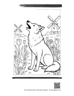 Thumbnail: Wolf Howling in Front of a Windmill Under the Moon Printable