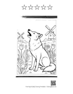 Thumbnail: Wolf Howling in Front of a Windmill Under the Moon Printable and 5 Star Outline