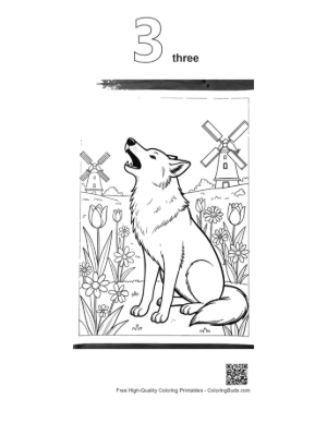 Thumbnail: Wolf Howling in Front of a Windmill Under the Moon Printable Outline Number 3