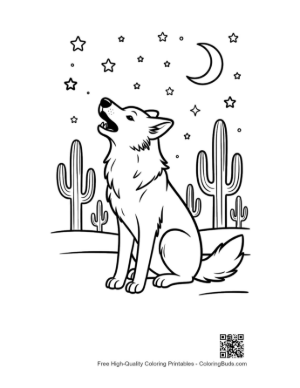 Thumbnail: Wolf Howling in the Desert with Cacti and Stars Printable