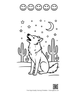 Thumbnail: Wolf Howling in the Desert with Cacti and Stars Printable and 5 Happy Face Outline