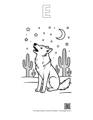 Thumbnail: Wolf Howling in the Desert with Cacti and Stars Printable Outline Alphabet E