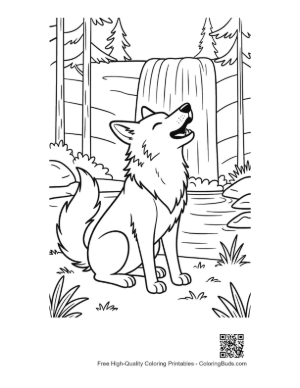 Thumbnail: Wolf Howling Near a River and Waterfall in Nature Printable