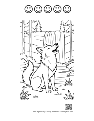 Thumbnail: Wolf Howling Near a River and Waterfall in Nature Printable and 5 Happy Face Outline