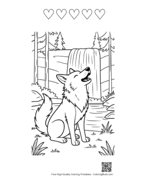 Thumbnail: Wolf Howling Near a River and Waterfall in Nature Printable and 5 Heart Outline