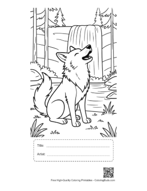 Thumbnail: Wolf Howling Near a River and Waterfall in Nature Printable with Title and Artist Box