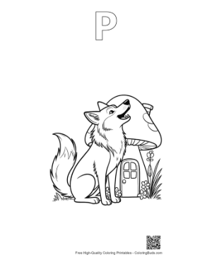 Thumbnail: Wolf Howling Next to a Cute Mushroom House Printable Outline Alphabet P