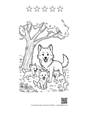 Thumbnail: Wolf Mother Guiding Her Pups Through the Forest Printable and 5 Star Outline