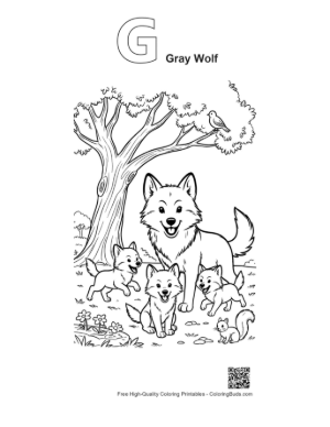 Thumbnail: Wolf Mother Guiding Her Pups Through the Forest Printable Outline Alphabet G Gray Wolf
