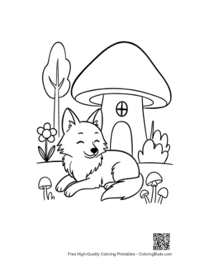 Thumbnail: Wolf Resting by a Mushroom House in the Forest Printable