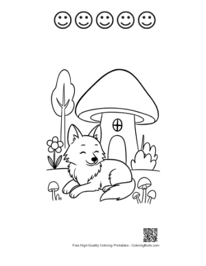 Thumbnail: Wolf Resting by a Mushroom House in the Forest Printable and 5 Happy Face Outline