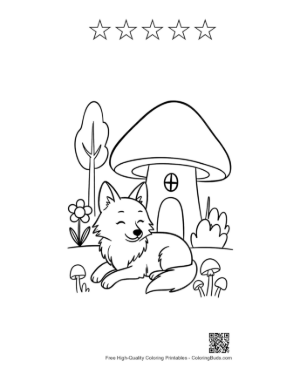 Thumbnail: Wolf Resting by a Mushroom House in the Forest Printable and 5 Star Outline