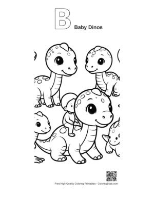 Thumbnail: Baby Riding Cute Dino with Playful Pals Printable Outline Alphabet B Baby Dinos