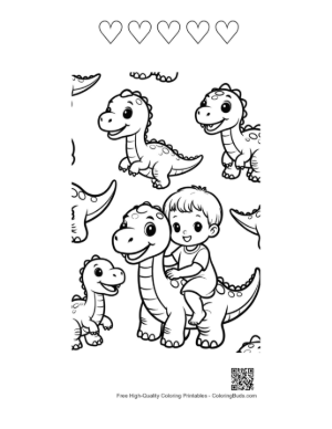 Thumbnail: Boy Riding Adorable Baby Dino with Playful Friends Printable and 5 Heart Outline