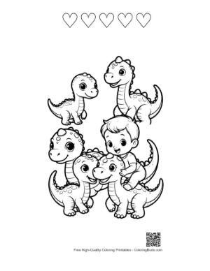 Thumbnail: Cheerful Boy with Cute Baby Dinosaurs Printable and 5 Heart Outline