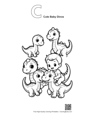 Thumbnail: Cheerful Boy with Cute Baby Dinosaurs Printable Outline Alphabet C Cute Baby Dinos
