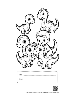 Thumbnail: Cheerful Boy with Cute Baby Dinosaurs Printable with Title and Artist Box