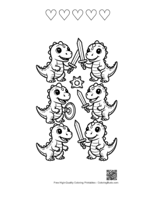 Thumbnail: Cute Baby Dino Knights with Swords & Shields Printable and 5 Heart Outline