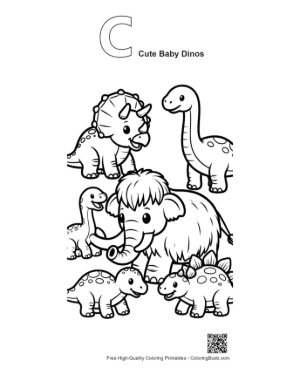 Thumbnail: Cute Baby Dinos with Fluffy Mammoth Printable Outline Alphabet C Cute Baby Dinos