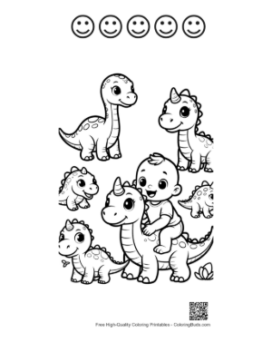 Thumbnail: Cute Baby Dinos with Riding Toddler Printable and 5 Happy Face Outline