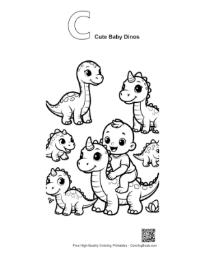 Thumbnail: Cute Baby Dinos with Riding Toddler Printable Outline Alphabet C Cute Baby Dinos