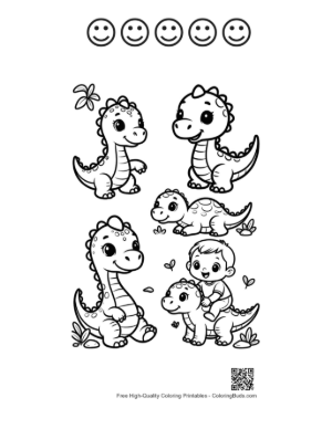 Thumbnail: Cute Baby Dinosaurs Playing Joyfully Printable and 5 Happy Face Outline