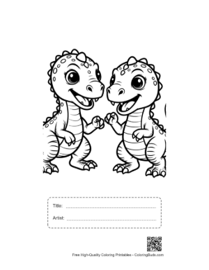 Thumbnail: Two Cute Baby Dinos Fist-Bumping Joyfully Printable with Title and Artist Box