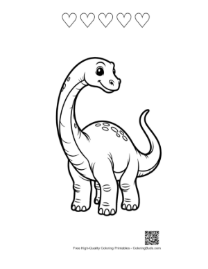 Thumbnail: Cute Cartoon Brachiosaurus Smiling Printable and 5 Heart Outline