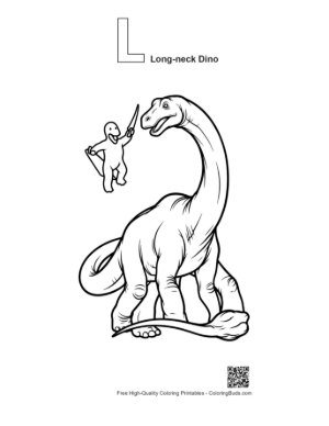Thumbnail: Diplodocus Giggling at Tiny Swordsman's Poke Printable Outline Alphabet L Long Neck Dino