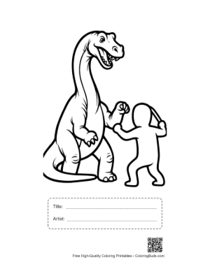 Thumbnail: Grinning Diplodocus Playfully Dodging Kids Club Swing Printable with Title and Artist Box