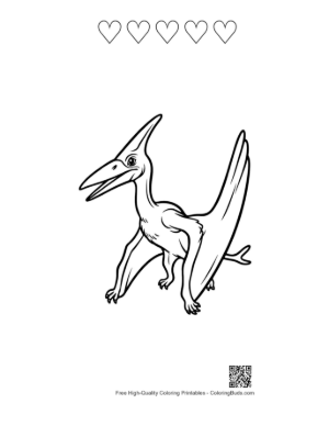 Thumbnail: Cheerful Pteranodon Roaring with Spread Wings Printable and 5 Heart Outline