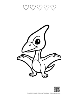 Thumbnail: Cute Pteranodon Spreading Wings Joyfully Printable and 5 Heart Outline
