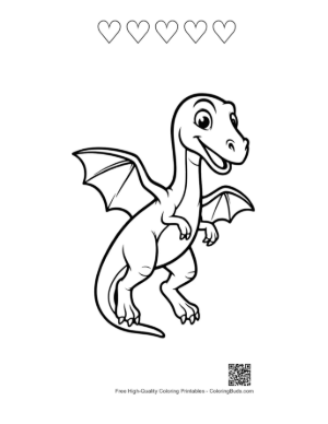 Thumbnail: Happy Cartoon Pterodactyl Spreading Wings Printable and 5 Heart Outline