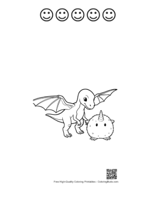 Thumbnail: Pterodactyl Dino and Fluffy Unicorn Friends Printable and 5 Happy Face Outline