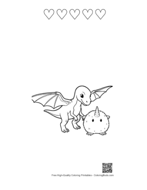 Thumbnail: Pterodactyl Dino and Fluffy Unicorn Friends Printable and 5 Heart Outline