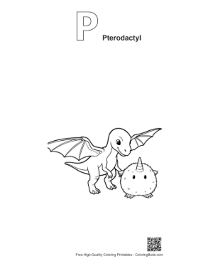 Thumbnail: Pterodactyl Dino and Fluffy Unicorn Friends Printable Outline Alphabet P Pterodactyl
