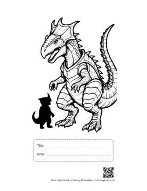 Thumbnail: Giant Armored Stegosaurus Guards Baby Dino Printable with Title and Artist Box