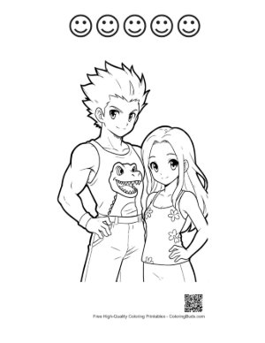 Thumbnail: Muscular Guy with Dino Shirt and Cute Girl Pose Printable and 5 Happy Face Outline