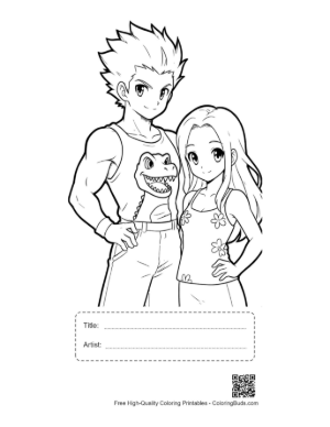 Thumbnail: Muscular Guy with Dino Shirt and Cute Girl Pose Printable with Title and Artist Box