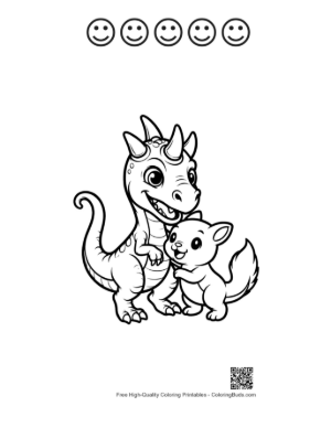 Thumbnail: Cheerful Triceratops Dino Hugging Cute Kitten Printable and 5 Happy Face Outline