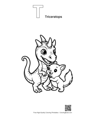 Thumbnail: Cheerful Triceratops Dino Hugging Cute Kitten Printable Outline Alphabet T Triceratops