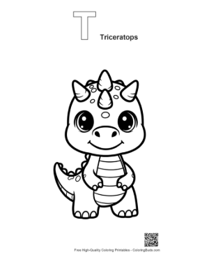 Thumbnail: Cute Baby Triceratops Smiling Playfully Printable Outline Alphabet T Triceratops